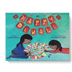 This joyful family story follows a little girl from dawn to dusk as she draws rangolis to welcome guests, prepares food with her family including pani puri and chana masala, dresses up in colorful clothing, participates in the puja, and lights the diyas in honor of Diwali: the Hindu festival of lights. Recommended for Elementary students.